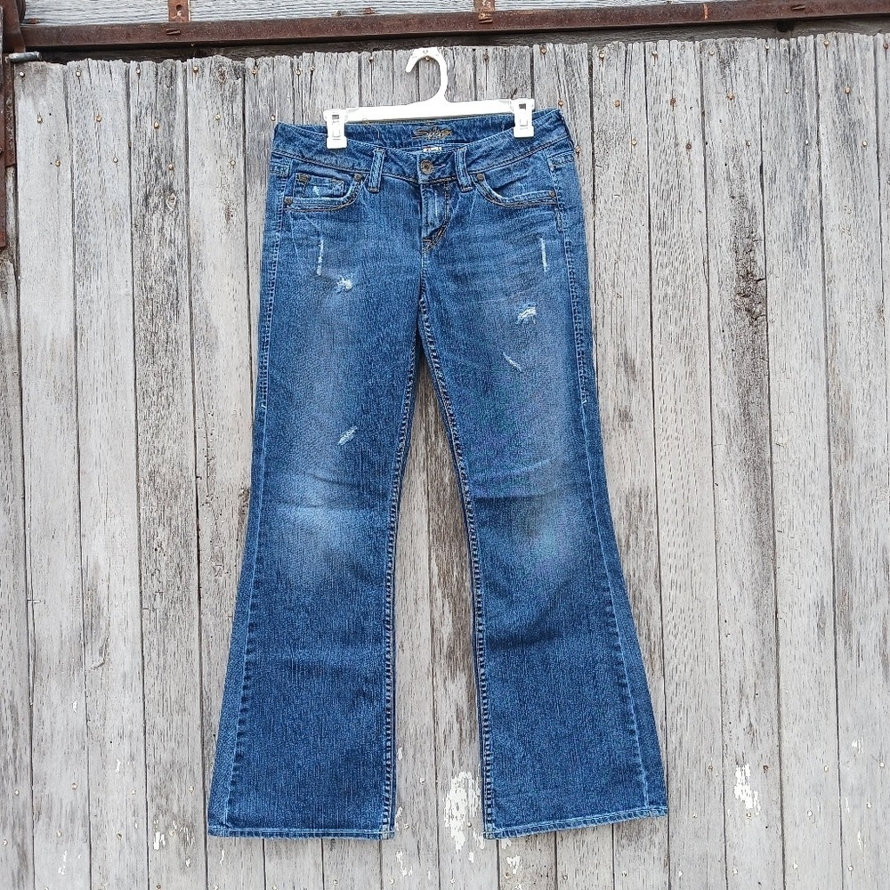 Silver Jeans‎ LOLA Women 29x31 Blue Flare Relaxed Dark Wash Distressed Low Rise